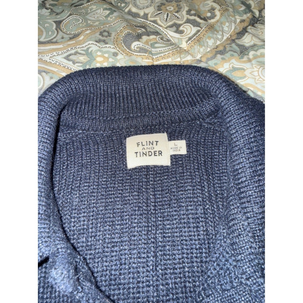 Flint and Tinder Mens Navy Blue Ribbed Knit Polo Sweater Recycled Cotton Large